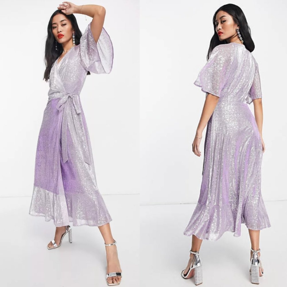 NWT lavender metallic glitter sparkle flutter sleeve midi dress - size 2